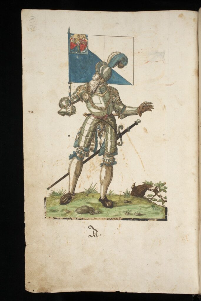 A manuscript verso page. In the center of the page, an armored knight holds up a flag with a blue-and-white coat of arms. He looks over his right shoulder with his left hand outstretched, as though interrupted. He stands on a small patch of grass. Beneath the image, there is a gothic capital A; in the upper right corner of the page, “VIII” is written in light pencil.
