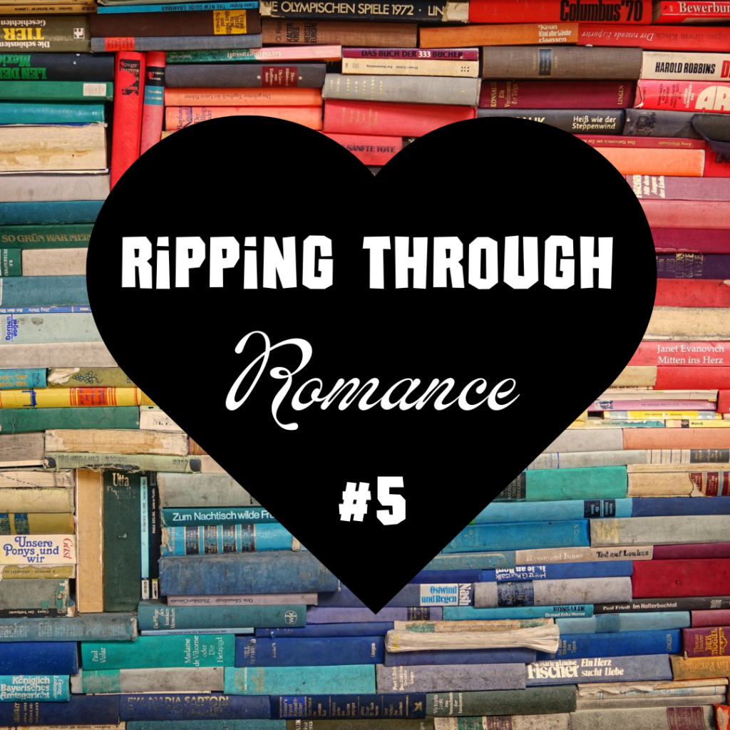 The podcast cover. A photo of a large, wide stack of books, grouped roughly by color. Overlaid is a large black heart with the text "Ripping Through Romance #5" overlaid in white.