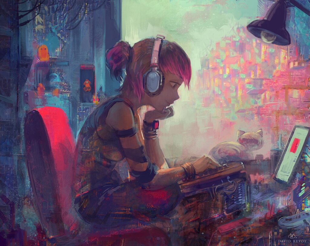Digital painting of a young person with pink hair wearing headphones, sitting at a desk and writing in a notebook, with a glowing cyberpunk cityscape outside the window.