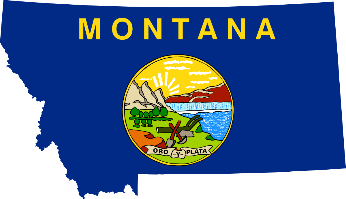 Montana state flag cut in the shape of Montana geographically.